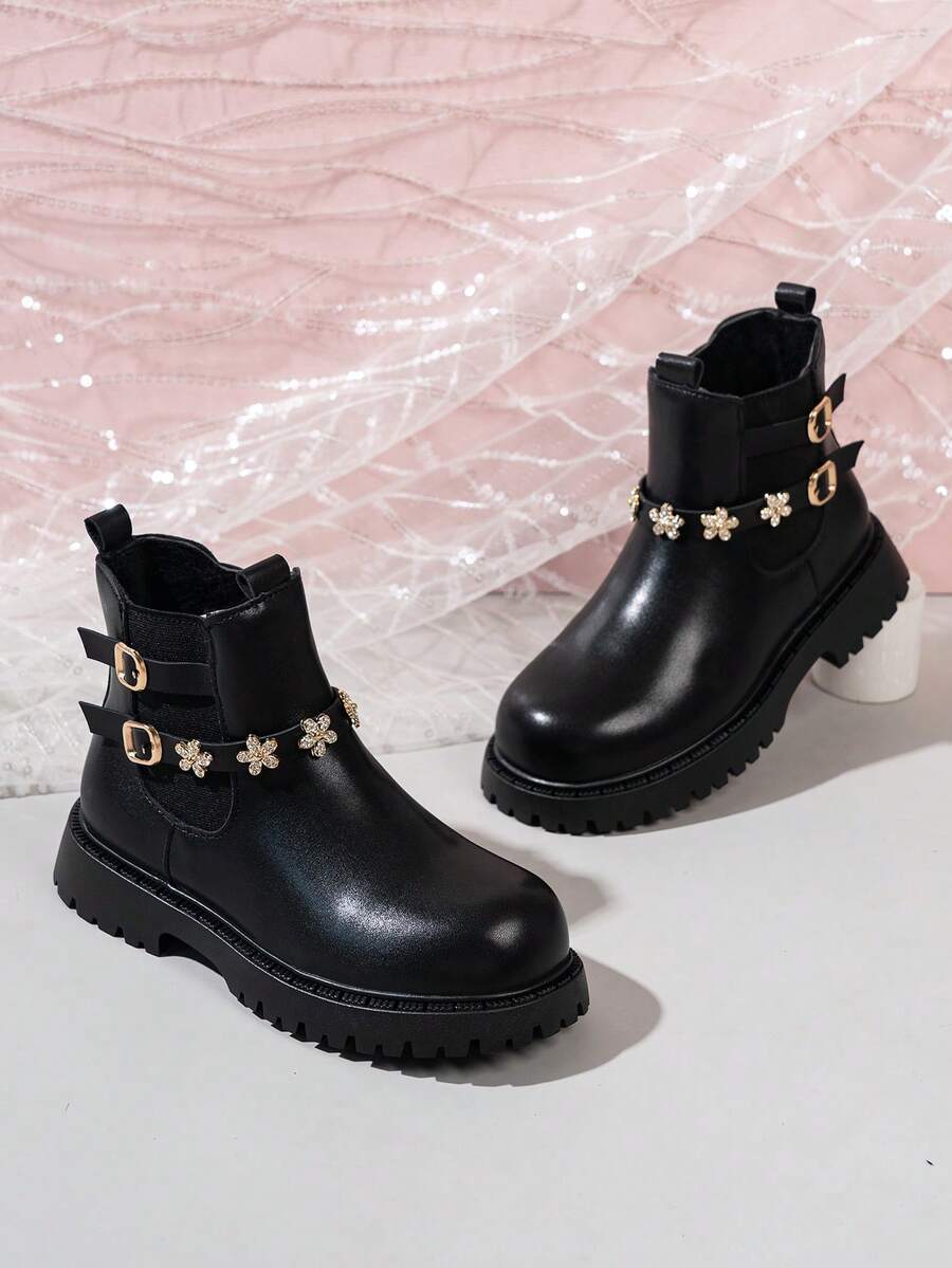 Girls' PU Leather Ankle Boots With Rhinestone Flower Decor, Metal Buckle, Side Zipper, Non-Slip Thick Sole, Ankle Boots Suitable For Daily School, Party, Wedding
