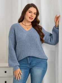 Sweater Rajut Longgar Kasual Serbaguna Lengan Panjang Warna Polos Leher V Ukuran Besar - Biru - View 7