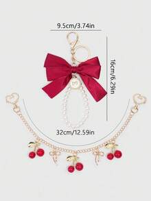 (No Bag) Sweet Pink 2 Pieces Accessory Set, Satin Large Bow Pearl Keychain + Cherry Pendant Metal Chain Charm, Can Be Hung On Bag, Girly Highly Attractive Exquisite Decorative Pendant Set - Red - View 2