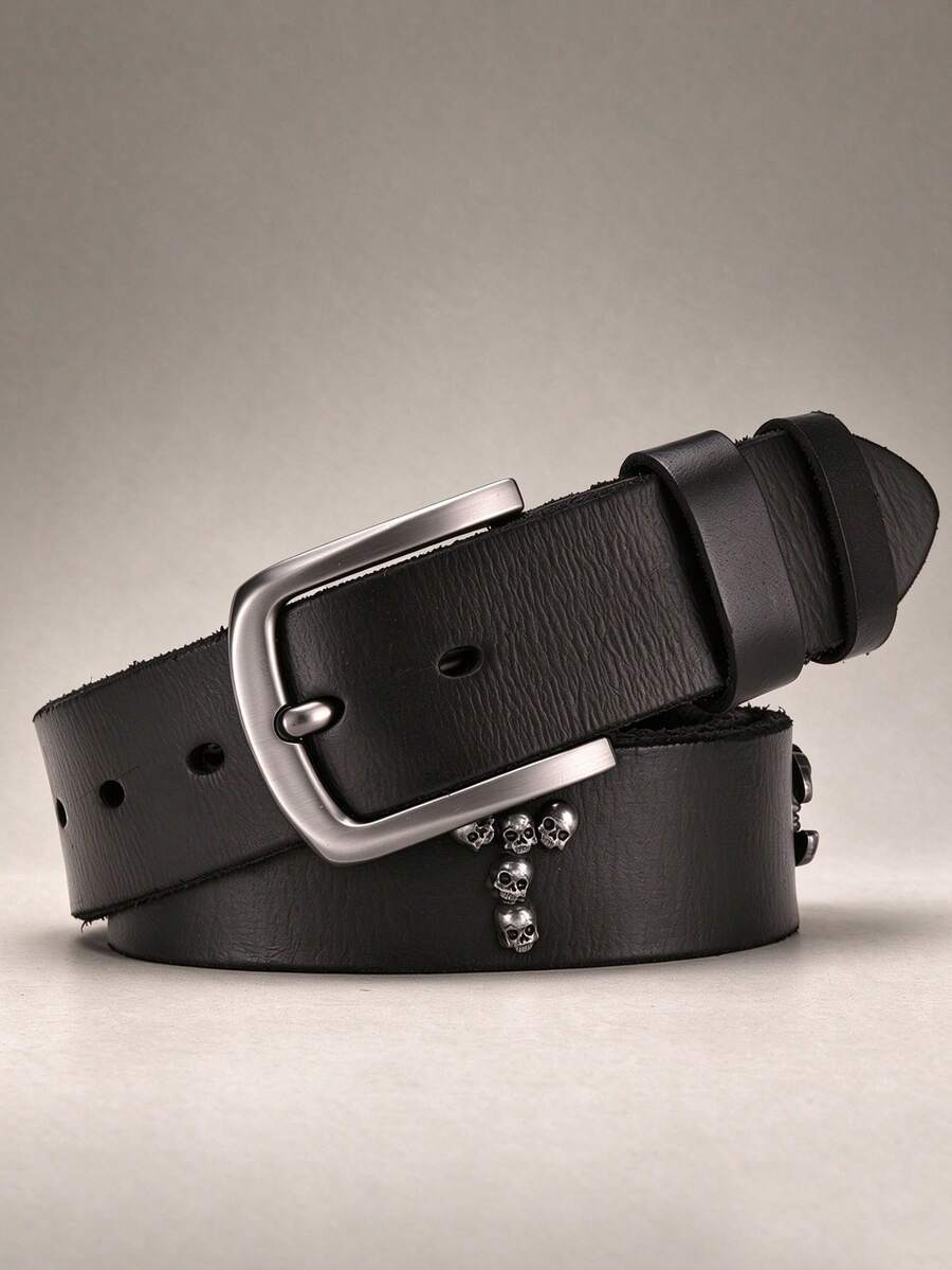 LJSQ 1pc Top Grain Leather Punk Style Rivet Belt Men's Genuine Leather Unique Niche Street Motorcycle Casual Cargo Pants Belt - Black - View 1
