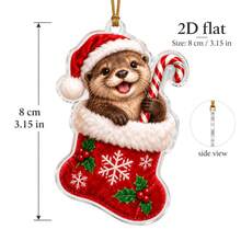 2D Acrylic Christmas Hanging Ornament, Holiday Theme Decoration, Pattern Of Otter Wearing Christmas Hat, Holding Red Sock And Candy Cane, Suitable For Christmas Tree, Home Windows, Doors, Wall Decor, Also Can Be Used As Car Rearview Mirror Decoration. - A - View 3