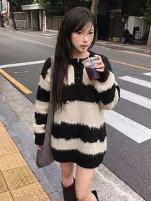 Women's Fashionable Versatile Striped Pullover Sweater, Knitted Casual Long Tops For Autumn/Winter - Khaki - View 1