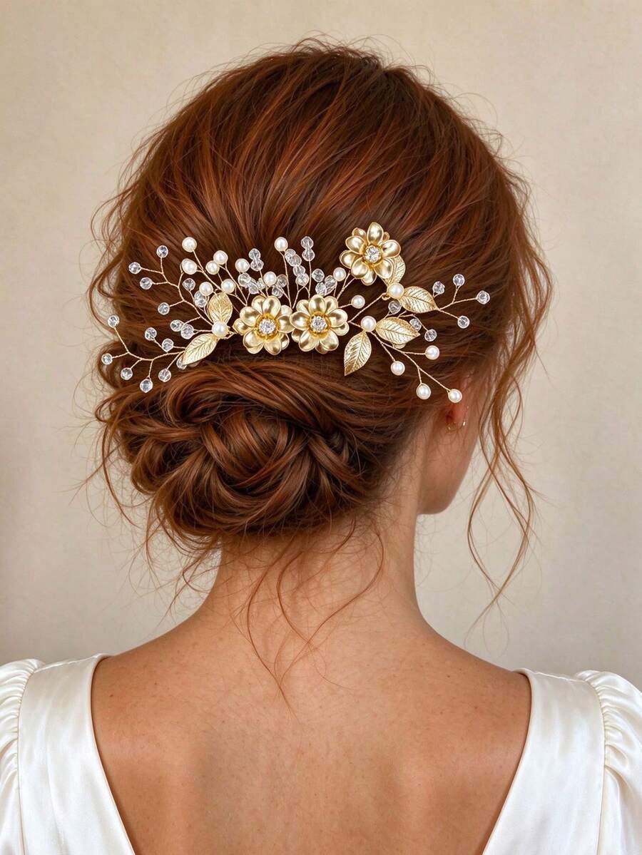 1pc Vintage Gold Flower Pearl Rhinestone Hair Comb, Metal Floral Leaf Design Bridal Updo Hair Accessory - Multicolor - View 1
