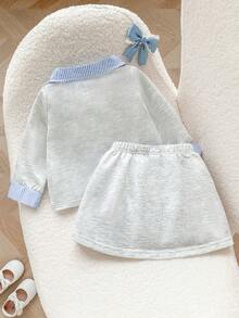 Autumn/Winter Baby Girl Cute Casual Striped Lapel Patchwork Grey Sweatshirt & Solid Color Pleated Skirt Set - Light Grey - View 2