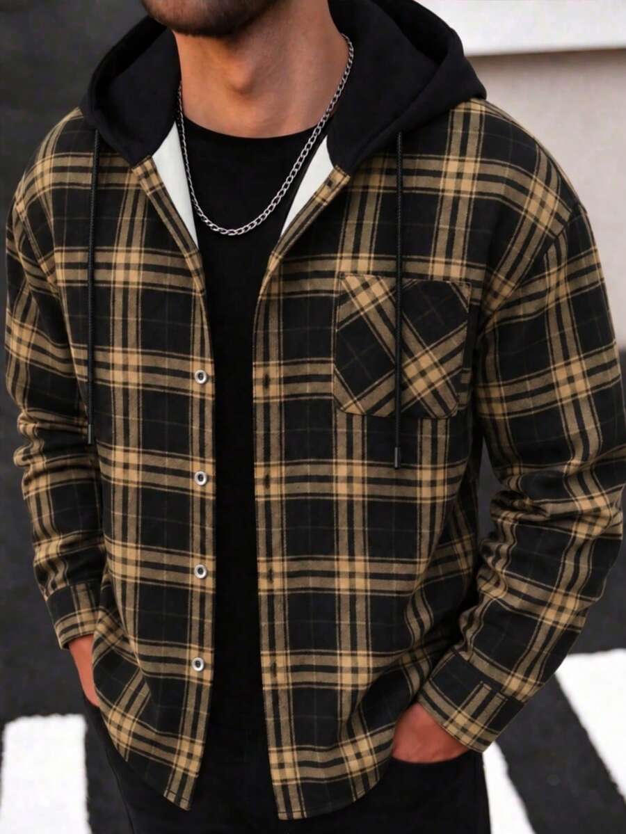 Men's Casual Cool Floral Print Patchwork Drawstring Hoodie Jacket, Suitable For Spring And Autumn, Men's Black And White Plaid Winter Style. Perfect Gift For Son, Boyfriend, Father, Unisex - Brown - View 1