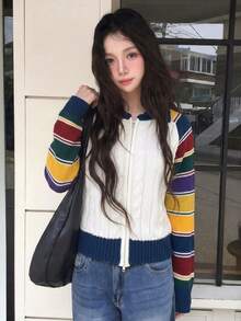 Korean Style Rainbow Striped Collar Long Sleeve Double Zipper Knit Cardigan Women's Autumn/Winter - White - View 1