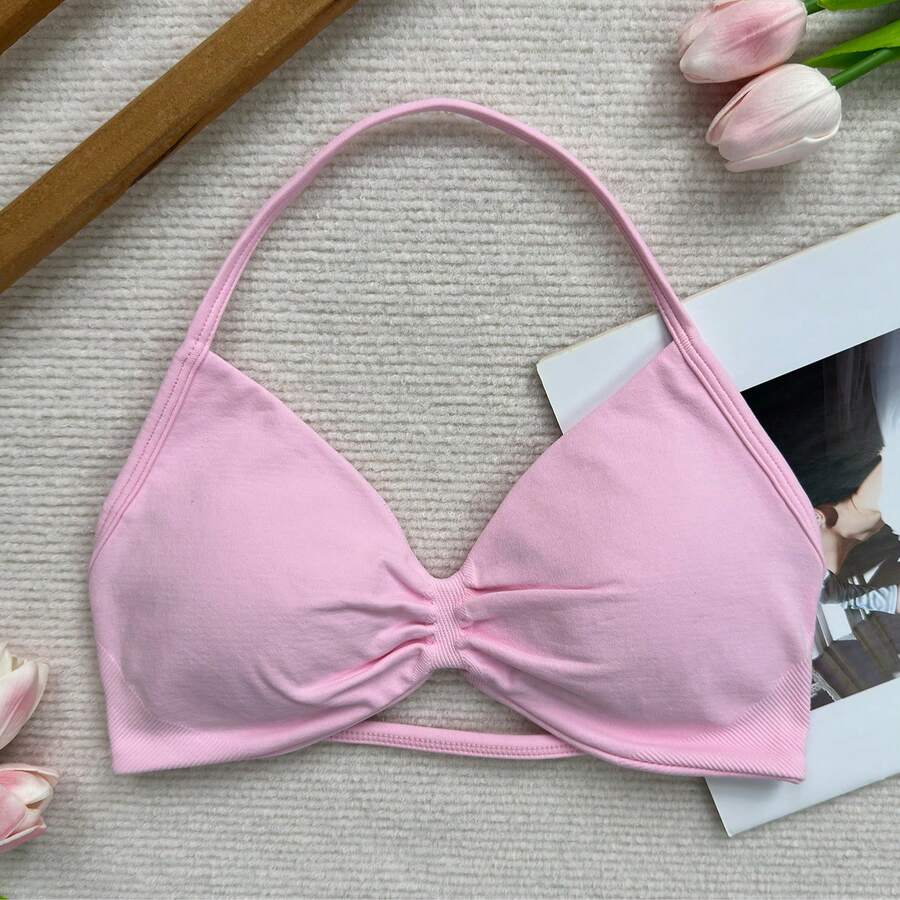 Popular Camisole Bra, Women's Backless Spaghetti Strap Sports Bra, Light Support, Cropped Workout Top, Athleisure Fall Pink