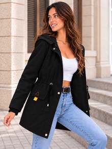 Women's Black Hooded Mid-Length Jacket With Cinched Waist, Zip Front, Flap Pockets And Contrast Tabs - Black - View 9