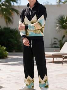 Men's Tropical Landscape Print Half-Zip Sweatshirt And Wide Leg Pants Set - Multicolor - View 4