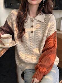 Plus Size Stand Collar Striped Colorblock Knit Casual Versatile Pullover Sweater - Khaki - View 1