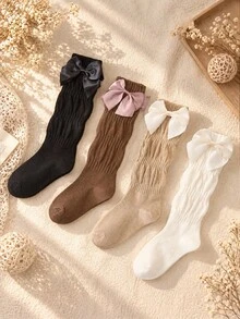 Autumn/Winter 1/4 Pairs Girls/Children Calf Socks, Retro Sweet Bow Pattern Decorated, Solid Color Minimalist Slouchy Style Mid-Calf Socks, Fashionable Breathable Comfortable Soft Slouch Socks, Suitable For 1-12 Years Old Daily Casual Wear/Back To School/Autumn Outings, Random Color And Style - Multicolor - View 2