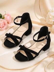 1 Pair Girls' Chunky Heel Sandals, Matte PU Cross-Woven Bow Decor, Round Toe Open Toe Flat Non-Slip Design, Simple Versatile Classic Elegant High Heel Sandals, Suitable For Daily Campus And Party - Apricot - View 1