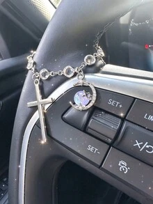 1pc Rhinestone Moon Star & Cross Charm Car Hanging Pendant, Crystal Bead Chain Rear View Mirror Decor, Y2K Auto Interior Ornament, Cute Car Accessories - Various - View 5