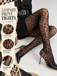 Lightweight Sheer Leopard Print Tights For Women, Transparent Pantyhose For Dresses, Parties & Night Out - Multicolor - View 3