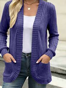 New Spring/Summer Fashion Elegant Solid Color Casual Ribbed Knit Cardigan Sweater Sports Fall - Navy Blue - View 4