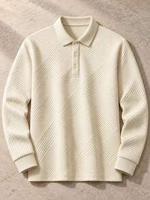 Manfinity Homme Men Solid Beige Geometric Jacquard Long Sleeve Polo Shirt, Textured Fabric Lapel Button , Old Money Style Casual Daily Golf Wear - Khaki - View 1