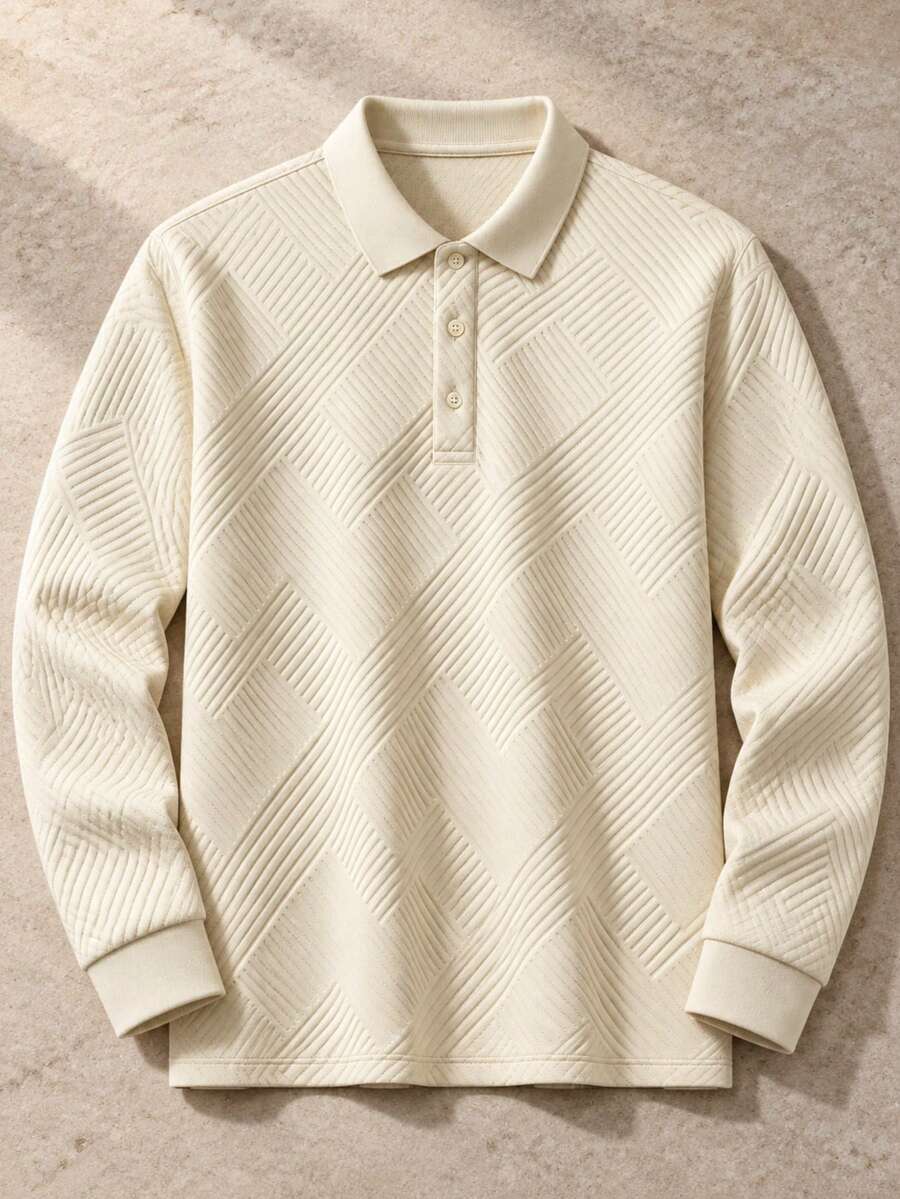 Manfinity Homme Men Solid Beige Geometric Jacquard Long Sleeve Polo Shirt, Textured Fabric Lapel Button , Old Money Style Casual Daily Golf Wear - Khaki - View 1