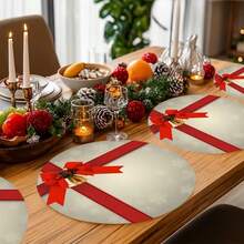 1/2/4/6/8 Placemats, Simple Red Ribbon Bell Design, Decorated With Snowflakes And Berries. Durable Indoor And Outdoor Vacation Mats, Resistant To Dirt And Oil Stains. Suitable For Kitchen, Dining Room, And Christmas Party Decoration. - Multicolor - View 5