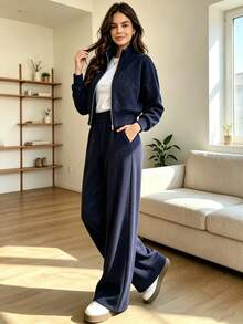 Women's Navy Blue Glitter Zip Up Stand Collar Jacket & High Waist Wide Leg Pants 2pcs Set, Casual Loungewear For Fall/Winter Concert Outfit - Navy - View 2