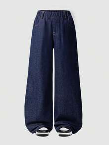 Tween Girl Vintage Blue Washed Straight Leg Loose Fit Jeans - Blue - View 2