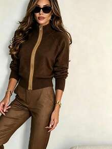 Women's Autumn/Winter Stand Collar Zipper Knit Cardigan, Raglan Long Sleeve Slim Fit Solid Color Casual Short Sweater Jacket - Brown - View 3