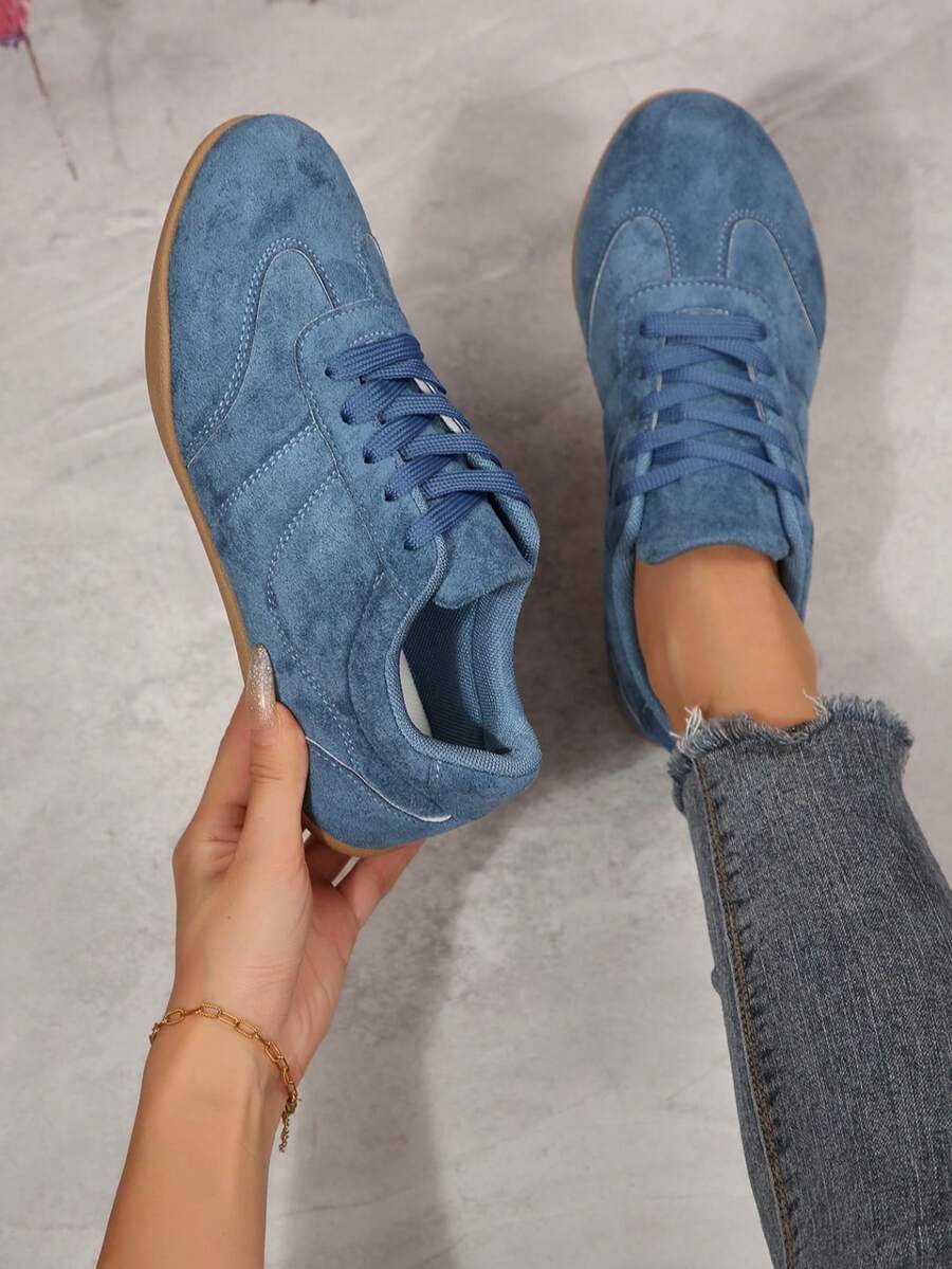 Women's New Flat Low-Top Lace-Up Soft Sole Casual Shoes, Minimalist Solid Color Daily Commute Lightweight Sneakers - Blue - View 1