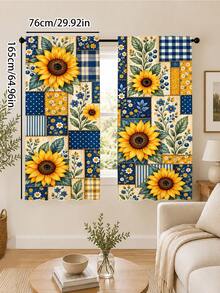 2pcs, Patchwork Plaid Sunflower Pattern Printed Curtains, Single-Sided Printing, Semi-Sheer - Rod Pocket Curtains, Bedroom Living Room Kitchen Decor, Multiple Sizes Available, Privacy Protection Machine Washable, Fade-Resistant Curtains (Rod Not Included) - A - View 13