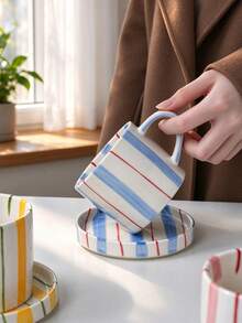 1set Ceramic Mug,Coffee Mug With Saucer,Striped Mug,Hand Painted Cup,Breakfast Cup,Home Tableware,Kitchen Decor,Gift For Her,Colorful Mug - Multicolor - View 4