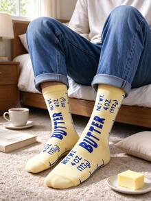 1 Pair New Cute Butter Packaging Creative Print Mid-Calf Socks, American Retro Food Fun Pattern Socks, Breathable Sweat-Absorbing Ribbed Cuff, Niche Design, Style, Student Casual Jeans Matching Socks - Yellow - View 4