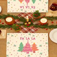 4Pcs Christmas Table Placemat FA LA LA Letter Colorful Christmas Tree Print Table Mat Holiday Decorative Table Linen For Home Kitchen Dining Party - Pink - View 10