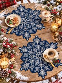 1pc Winter Navy Blue Snowflake Design Christmas Placemat, White Snowflake Table Mat, Pastoral Style Holiday Tabletop Decor, Suitable For Christmas Party Dining Table - Multicolor - View 7