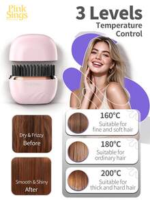 PinkSings Mini Wireless Rechargeable Portable Hair Straightener Brush, 3 Temperature Settings, Fast Heating Anti-Scald Hair Brush, Home & Travel Gift - Pink - View 6