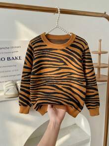 Girls' Street Style Tiger Print Knit Pullover Sweater, Suitable For Daily Wear, Vacation, Spring, Autumn, Winter - Brown - View 3