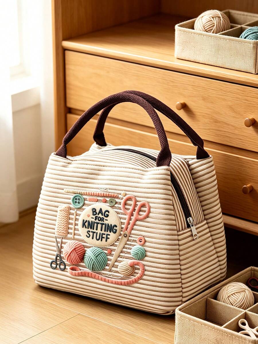 Printed With Yarn, Scissors And Knitting Needles, This Handbag Can Store Sewing Tools, Cosmetics And Small Personal Items. Multiple Fresh Striped Color Combinations, Suitable For Handmade Enthusiasts And Commuters, Artistic Handmade Healing Style, Perfect As A Practical Creative Gift For Girls Who Love Knitting And Sewing