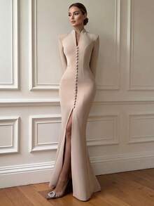Floreya Spring/Summer Lightweight Business Commute Elegant Party Holiday Date Court Formal Long Sleeve Dress - Khaki - View 1