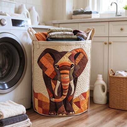 1pc Exquisite Patchwork Elephant Quilted Laundry Storage Basket, Large Capacity Round Clothes Storage Bin, Reinforced Handle Design, Foldable Self-Standing Fabric Storage Bucket, Suitable For Dirty Clothes, Toys, Blankets Storage, Bedroom Bathroom Nursery Home Decor, Housewarming Gift, Holiday Gift