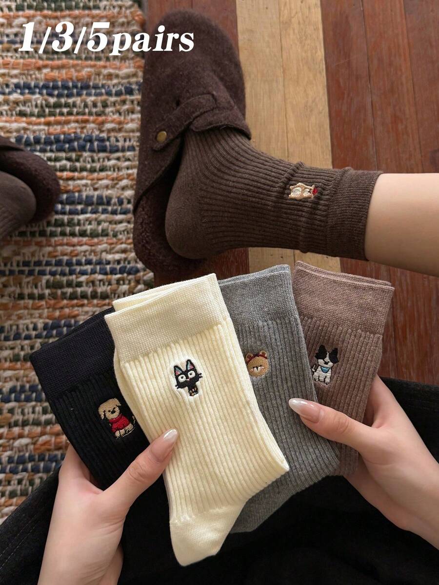 Cute Embroidered Mid-Calf Socks For Women, Autumn/Winter Double-Needle Micro-Compression Slouch Socks, Japanese Style Animal Cartoon Long Socks - Multicolor - View 1