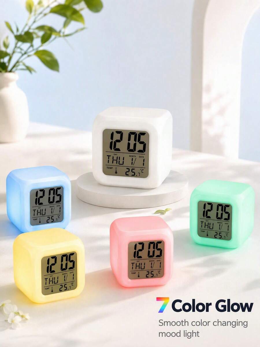 Haus Hana 1 pieza Reloj despertador digital cúbico con 7 colores cambiantes y brillo, reloj LCD multifuncional con visualización de hora, fecha, semana y temperatura interior, decoración de escritorio para lectura y dormitorio, regalo ideal para decoración del hogar - Multicolor - Ver 1