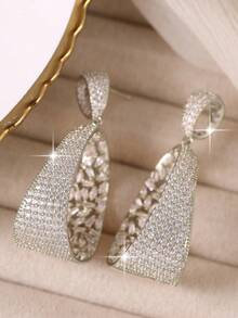 1pair Luxury Silver Tone Hollow Oval Full Paved Cubic Zirconia Dangle Earrings, Sparkling Drop Earrings For Wedding Date Daily Party Bridal Jewelry - White - View 11