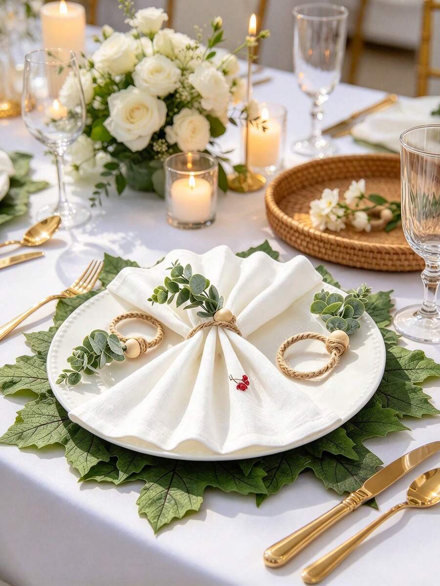 Handmade Green Leaf Napkin Rings 1/4/6/12pcs Set, Leaf Napkin Ring Holder, Beach Napkin Holder, Party Decoration, Table, Home Gathering, Wedding And Other Occasions Napkin Ring Set - Green - View 1