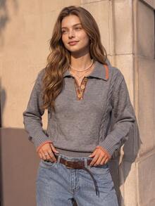 Women's Grey Polo Sweater Orange Stitching Long Sleeve Knit Pullover - Grey - View 4