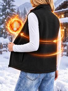 Women's Fleece Vest Jacket, Warm And Soft, With Zipper Pockets, Sleeveless, Thickened Fleece Vest - Black - View 2