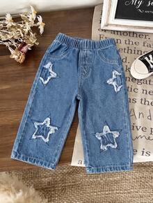 1pc Baby Girl Daily Wear Fashion Korean Style Cute Star Embroidered Brushed Denim Casual Straight Leg Pants - Medium Wash - View 1