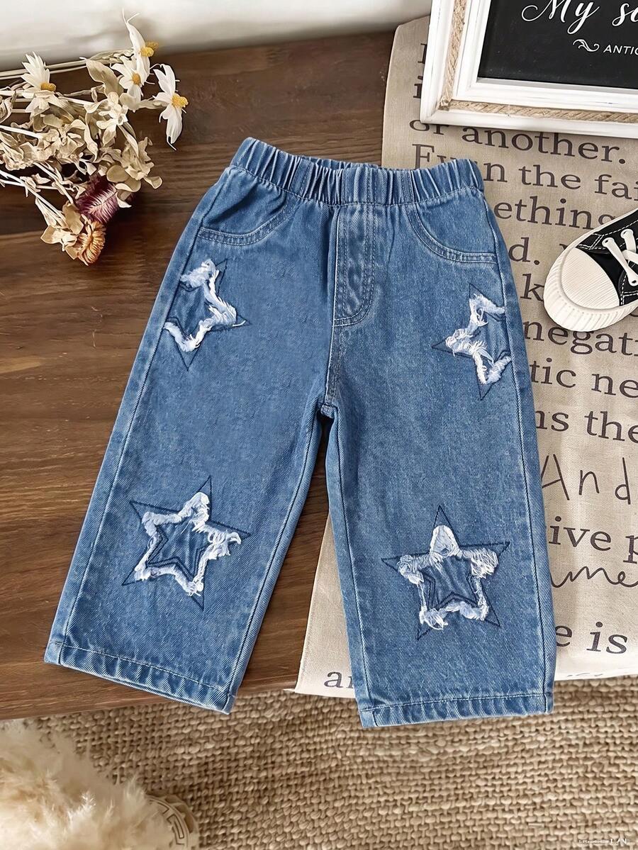 1pc Baby Girl Daily Wear Fashion Korean Style Cute Star Embroidered Brushed Denim Casual Straight Leg Pants - Medium Wash - View 1