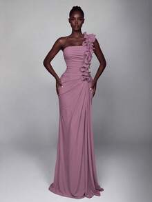 Women's Elegant High Elasticity Chiffon One-Shoulder Ruffle Long Dress, Suitable For Formal Occasions And Romantic Dinner - Purple - View 6