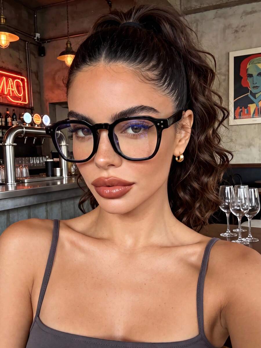 1 Pair Women's Square Black Small Frame Minimalist Fashion Versatile Non-Prescription Glasses, Suitable For Daily Office, Study, Books, Party, Vacation Photography And More - Black Flat - View 1