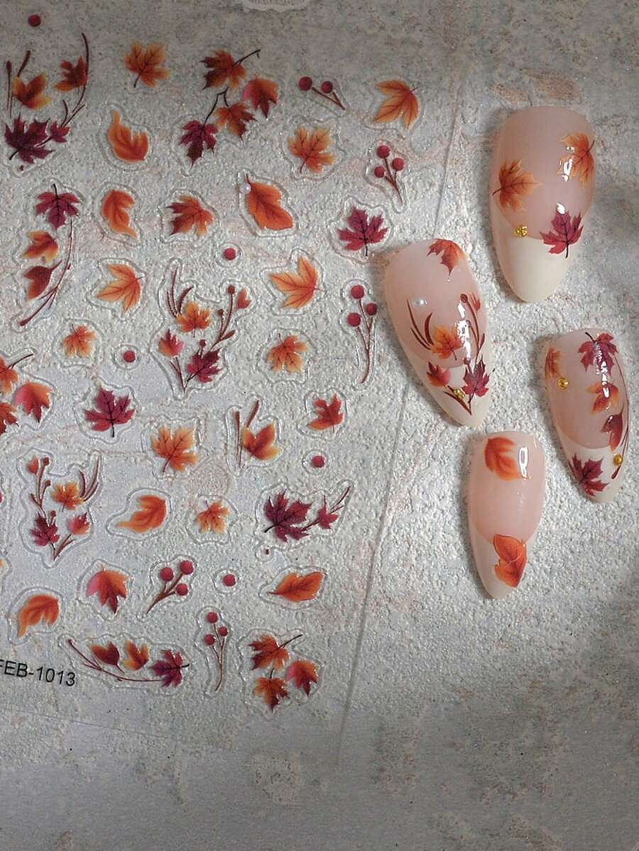 susan notes Embossed Maple Leaf Nail Art Stickers Orange Red Fall Leaves Berry Nail Decals Autumn Cute Long Lasting Manicure Charms 1 Sheet - Multicolor - View 1