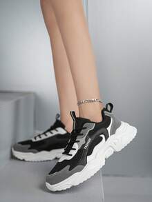 Women's Layered Patchwork Thick Sole Sneakers, Versatile Casual Commuter Streetwear Shoes - Black and Gray - View 11