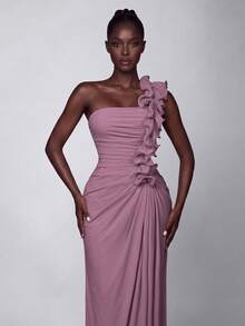 Women's Elegant High Elasticity Chiffon One-Shoulder Ruffle Long Dress, Suitable For Formal Occasions And Romantic Dinner - Purple - View 3