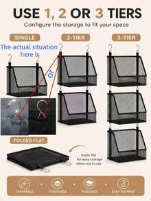 1 Set 36.22in 3-Tier Hanging Storage Baskets, Black Foldable PVC Mesh Closet Organizer With Hooks & Detachable Bins For Clothes, Towels, Handbags, Christmas Decorations & Home Decor Storage, Space-Saving Organizer For Bedrooms, Dorms, RVs & Campers - Multicolor - View 12